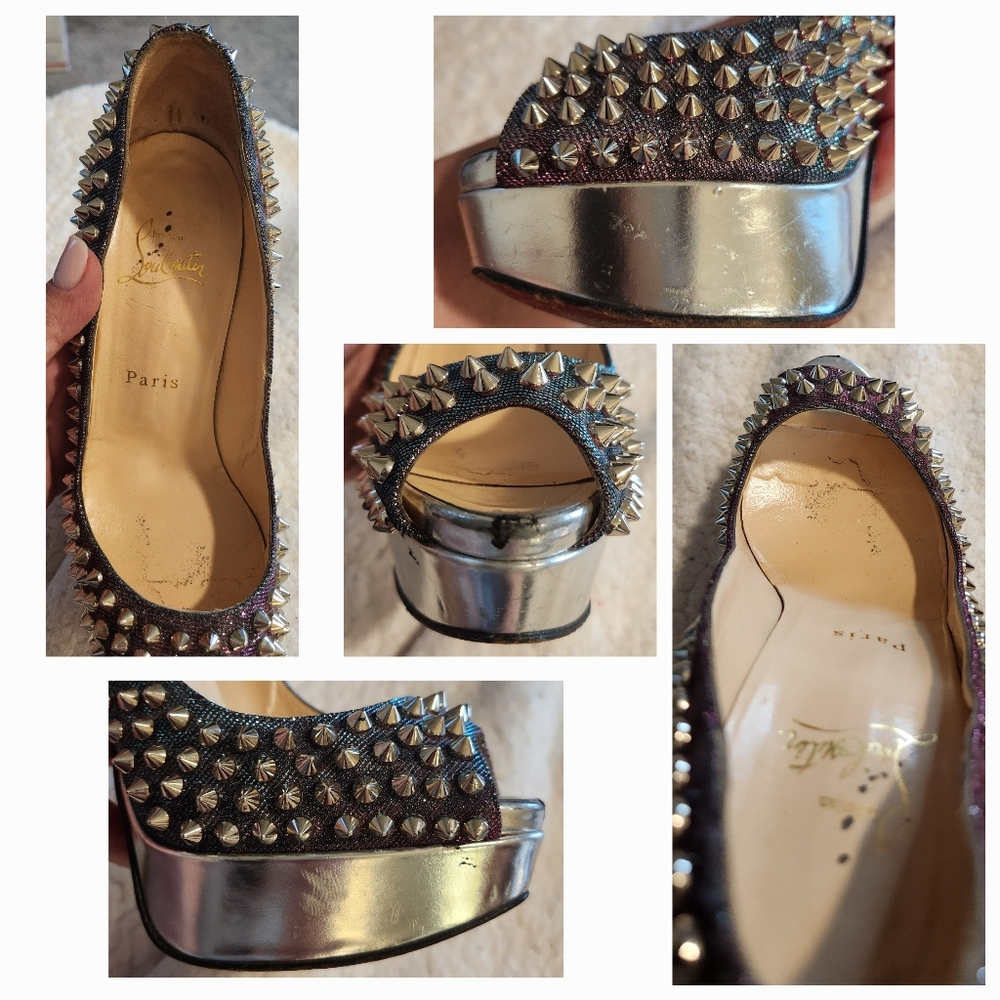 CHRISTIAN LOUBOUTIN Metallic Lame Lady Peep Spike Platform Pumps Size 37 - Picture 16 of 16